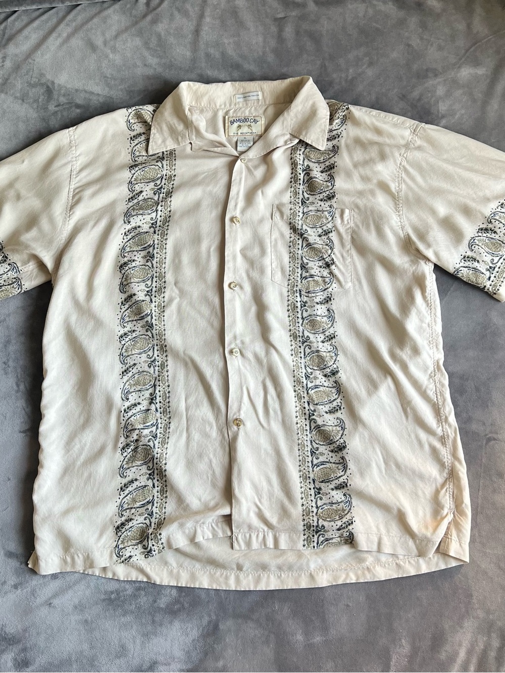 BAMBOO Cream Short-Sleeve Button-Down Shirt with Paisley Trim